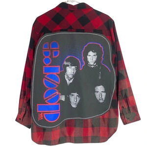 The Doors Band Flannel Shirt Mens Large - XL Unisex Bleached Buffalo Plaid Red